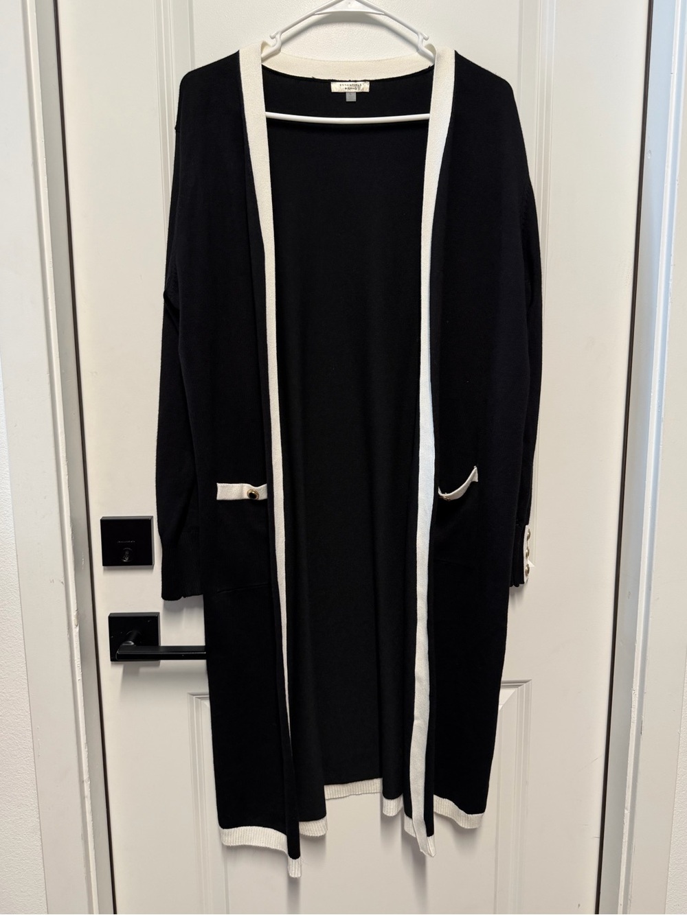 Essentials Milano Long Open Front Cardigan Sweater Black White Size L Modest - Picture 2 of 7